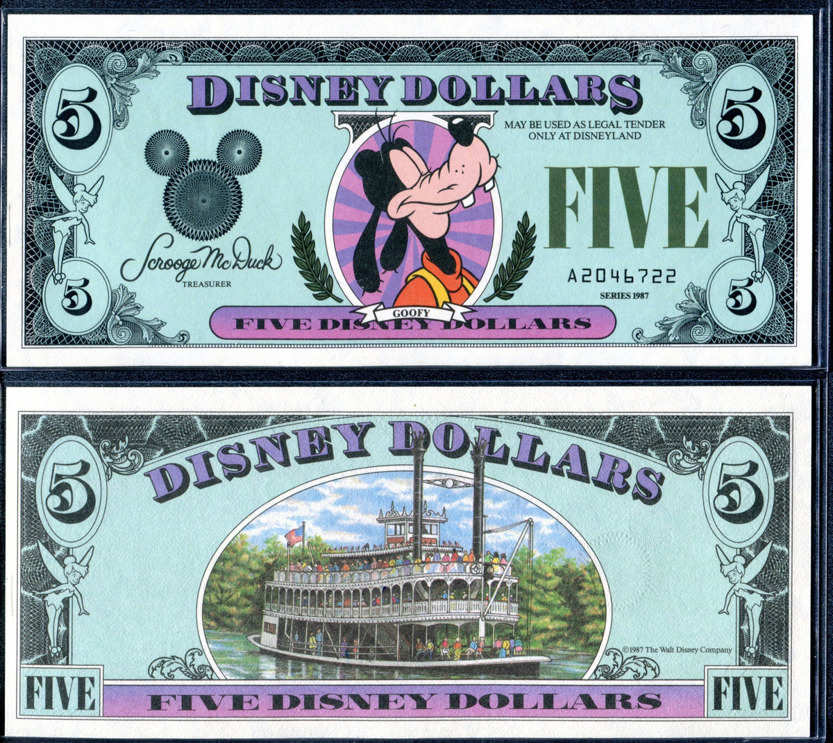 1987 Disney Dollars Five 5 Series A Goofy Uncirculated Northwest