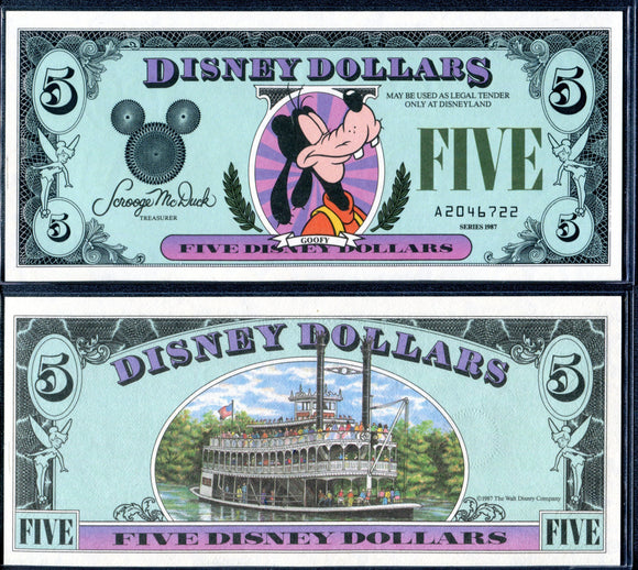 1987 Disney Dollars Five $5 Series A Goofy Uncirculated