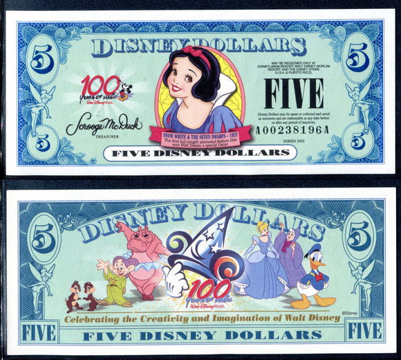 2002 Disney Dollars Five $5 Series A Snow White Uncirculated