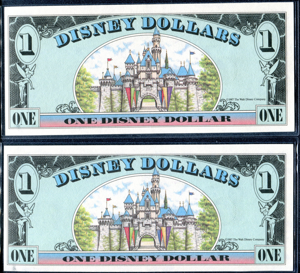 1987 Disney Dollars One 1 Series A Mickey Mouse x2 Consecutive Unci