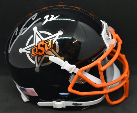 Chris Carson Signed Oklahoma State Black Mini Helmet JSA COA