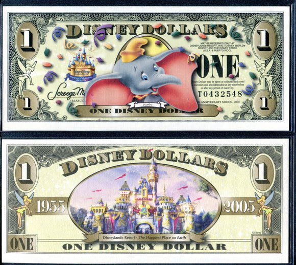 2005 Disney Dollars One $1 Series A Dumbo 50th Anniversary Uncirculated