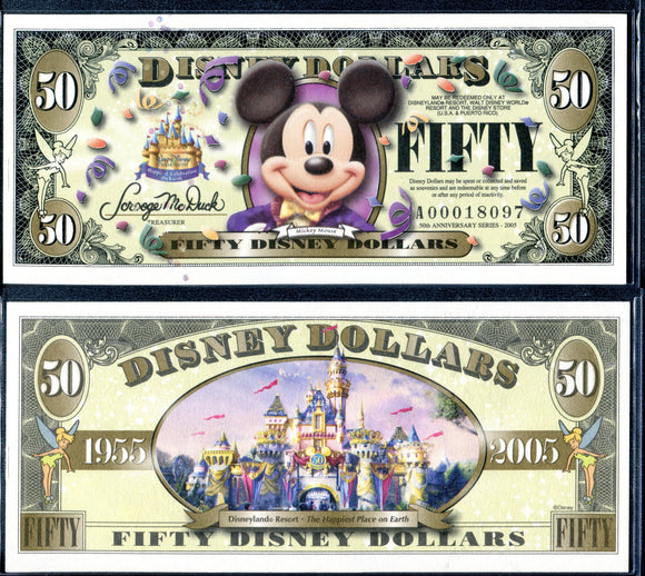 2005 Disney Dollars Fifty $50 Series A Mickey Mouse 50th Anniversary Uncirculated