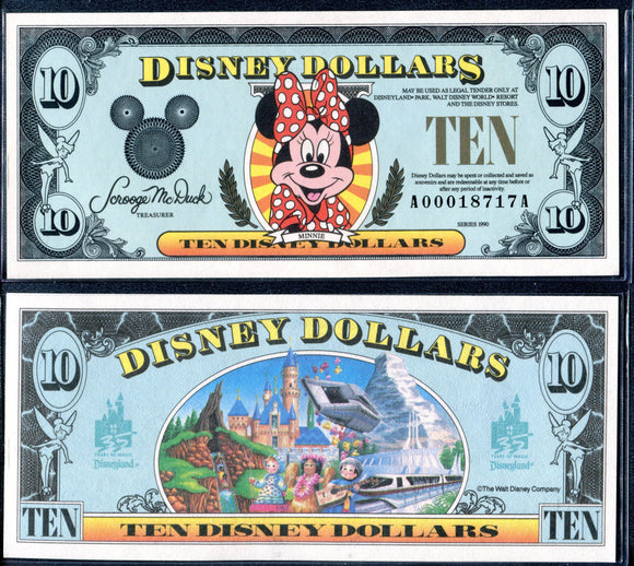 1990 Disney Dollars Ten $10 Series A Minnie Mouse Uncirculated