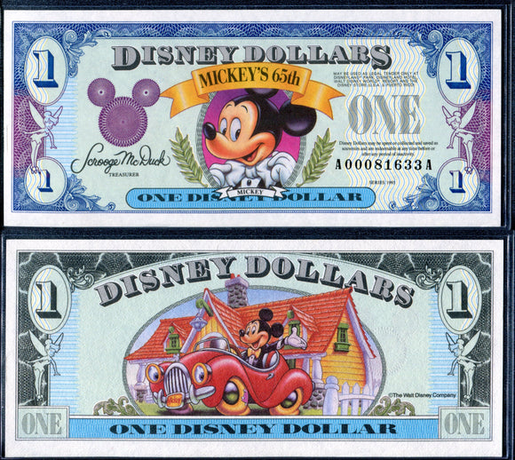 1993 Disney Dollars One $1 Series A Mickey Mouse 65th Uncirculated