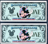 1987 Disney Dollars One $1 Series A Mickey Mouse x2 Consecutive # Uncirculated