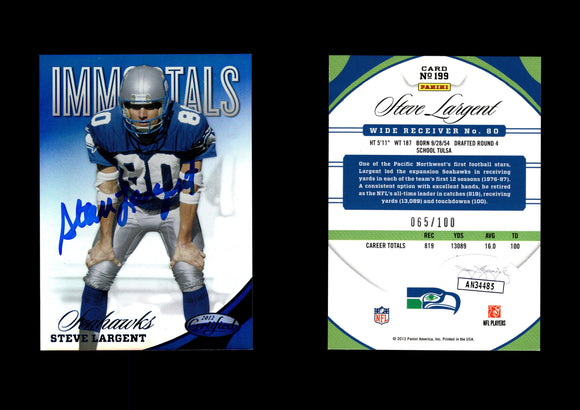 Steve Largent 2012 Certified Mirror Blue #199 65/100 Autographed Card Seattle Seahawks JSA #12