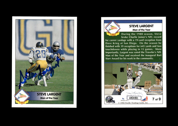 Steve Largent 1992 Pacific Steve Largent #7 Man of the Year Autographed Card Seattle Seahawks JSA #22