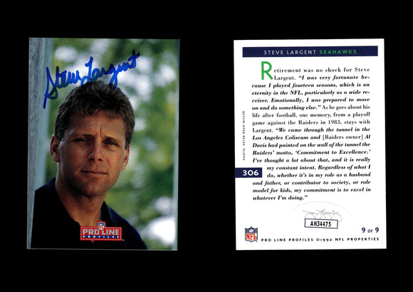 Steve Largent 1992 Pro Line Profiles #306 Autographed Card Seattle Seahawks JSA #25