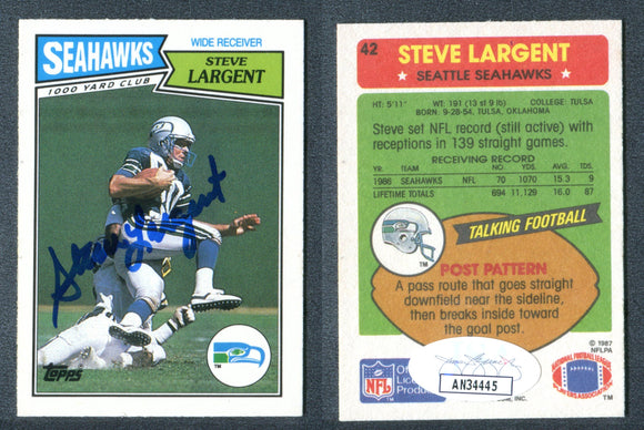 Steve Largent 1987 Topps American/UK #42 Autographed Card Seattle Seahawks JSA #40