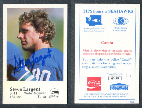Steve Largent 1982 Seahawks Police #7  Autographed Card Seattle Seahawks JSA #44