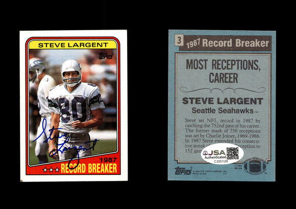 1988 Topps #3 Steve Largent Autographed Card Seattle Seahawks JSA #50