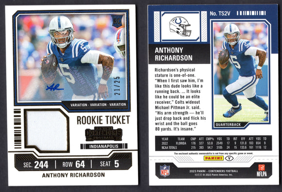 2023 Panini Contenders Rookie Ticket Swatches Variations Autographs #2 Anthony Richardson /25