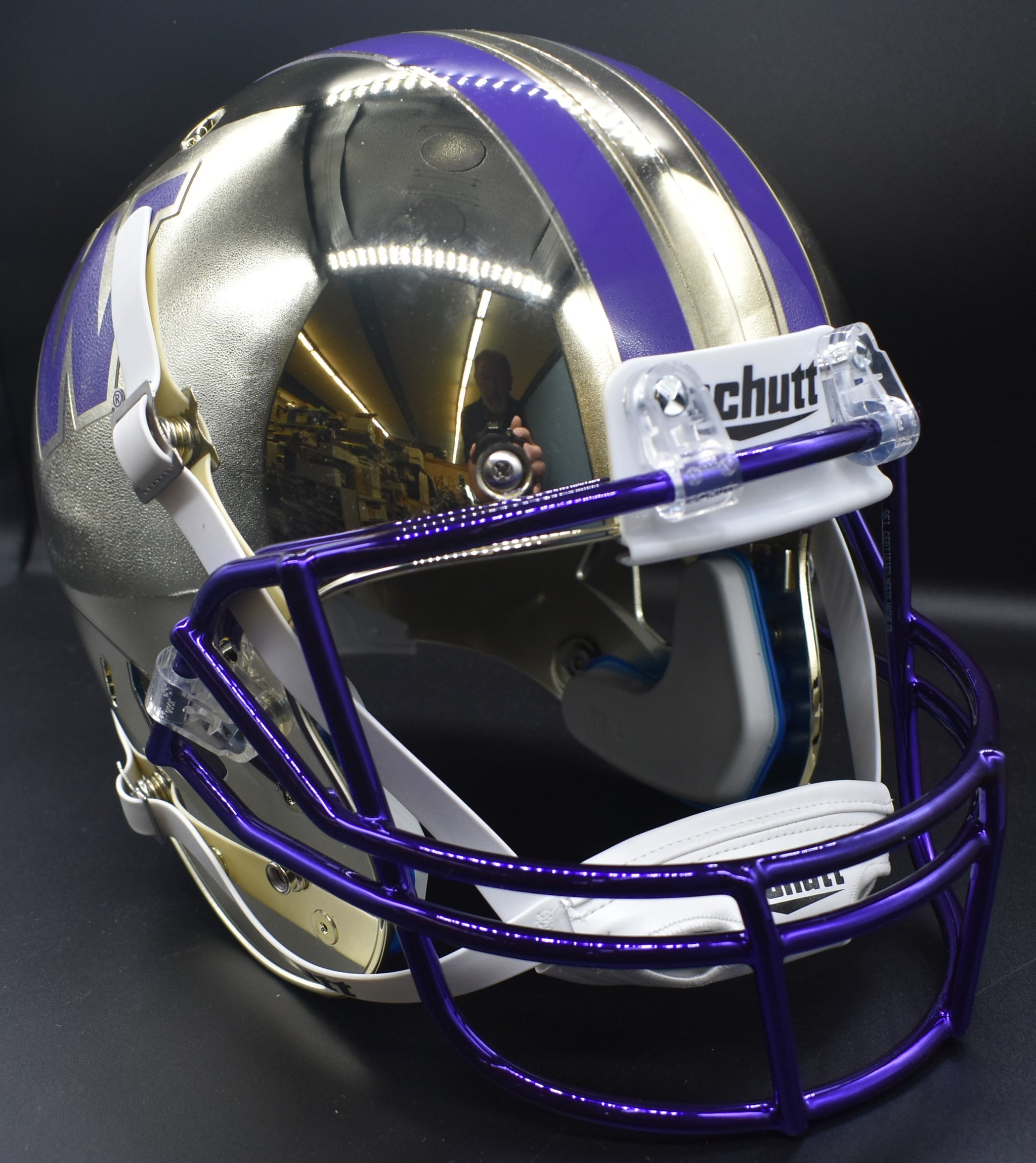 UW Washington Huskies Gold Mirror Chrome Full Size Replica Football Helmet Schutt Unsigned