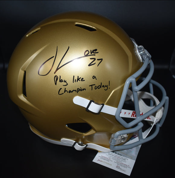 Julian Love Signed Notre Dame Full Size Replica Helmet w/ Play Like a Champion Today Inscription JSA COA