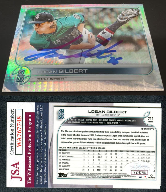 Logan Gilbert 2022 Topps Chrome Prism Refractors #211 Autographed Card JSA #7