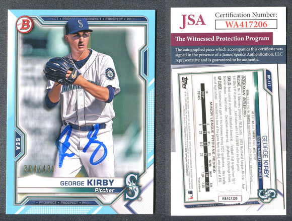 George Kirby 2021 Bowman Prospects Sky Blue #BP117 /499 Autographed Card JSA #4