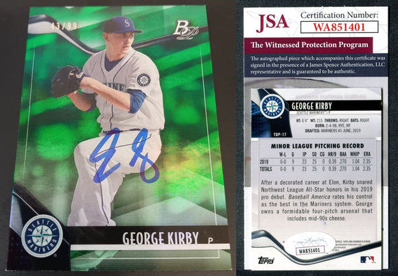 George Kirby 2021 Bowman Platinum Top Prospects Green #TOP17 /99 Autographed Card JSA #41