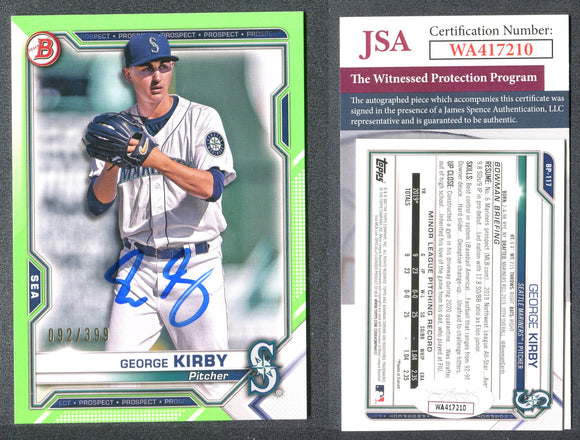 George Kirby 2021 Bowman Prospects Neon Green #BP117 /399 Autographed Card JSA #3