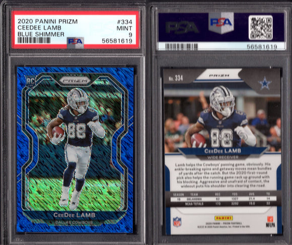 2020 Panini Prizm Prizms Blue Shimmer #334 CeeDee Lamb 15/25 PSA 9