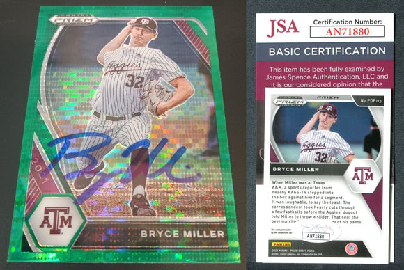 Bryce Miller 2021 Panini Prizm Draft Picks Prizms Green Pulsar #113  Autographed Card JSA #12