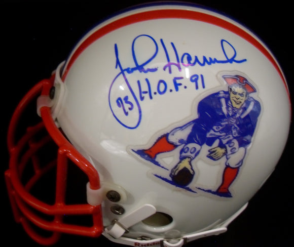 John Hannah Autographed Inscribed New England Patriots Mini Helmet JSA