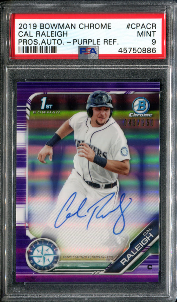 PSA 9 2019 Bowman Chrome Prospects Autograph Purple Refractor Cal Raleigh RC 49/250 POP27