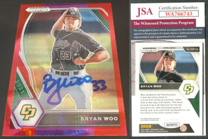 Bryan Woo 2021 Panini Prizm Draft Picks Prizms Red and Purple Hyper #174 Autographed Card JSA #5