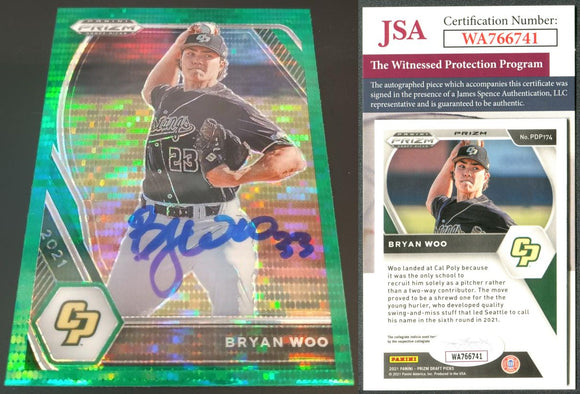 Bryan Woo 2021 Panini Prizm Draft Picks Prizms Green Pulsar #174 Autographed Card JSA #6