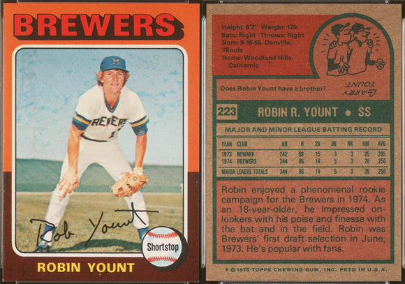 1975 Topps #223 Robin Yount RC Milwaukee Brewers NM+ (Near Mint or Better)