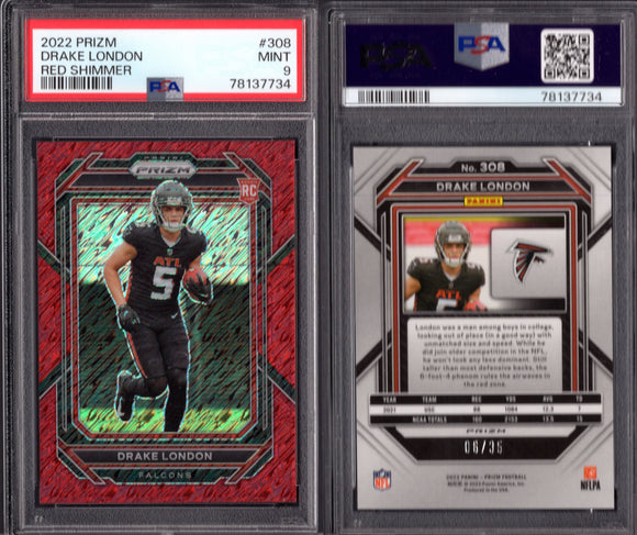 2022 Panini Prizm Autographs Prizms Red Shimmer #308 Drake London 06/35 PSA 9