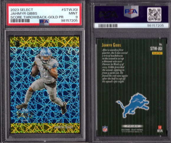 2023 Select Score Select Throwback Prizm Gold #12 Jahmyr Gibbs 6/10 PSA 9