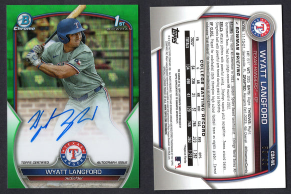 2023 Bowman Chrome Draft Autographs Green Refractors #CDAWL Wyatt Langford 89/99 (NM-Near Mint)