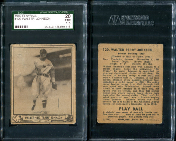 SGC 20 1940 Play Ball #120 Walter Johnson Washington Senators