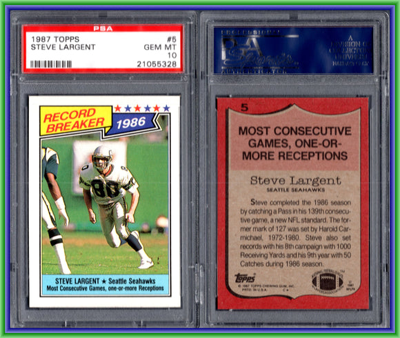 PSA 10 1987 Topps #5 Steve Largent Record Breaker Seattle Seahawks POP25 #11236