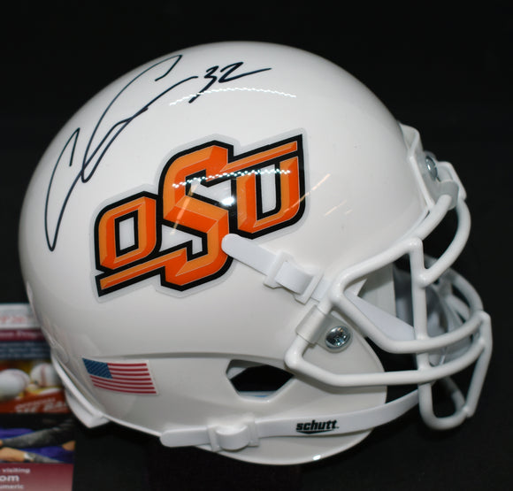 Chris Carson Signed Oklahoma State White Mini Helmet JSA COA