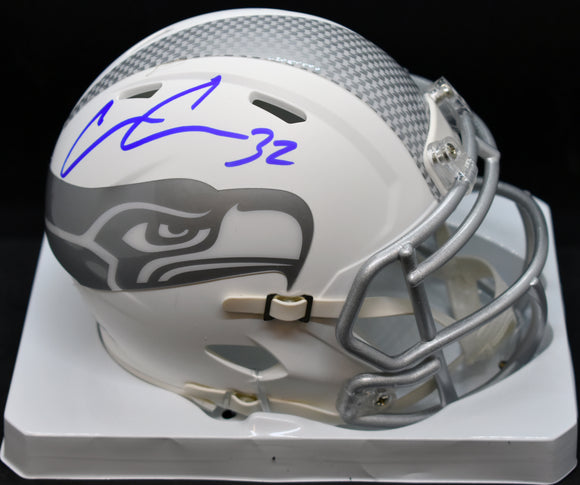 Chris Carson Signed Seahawks Ice White Mini Helmet JSA COA