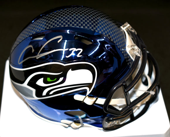 Chris Carson Signed Seahawks Blue Chrome Mini Helmet JSA COA
