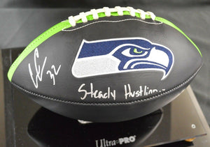 Chris Carson Signed Seahawks Black Logo Football w/Inscription JSA COA