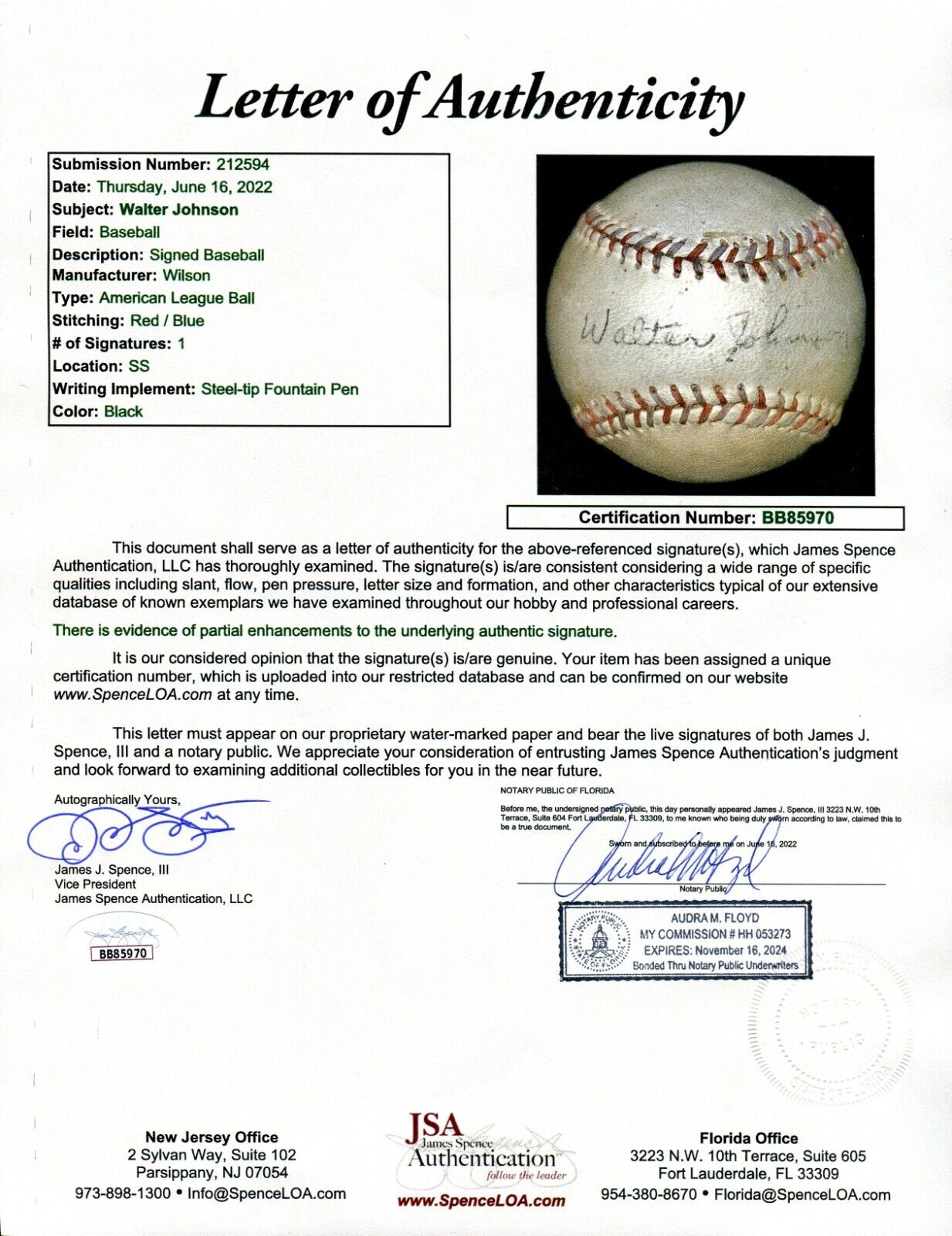 Walter Johnson Signed American League Baseball w/ JSA LOA Letter